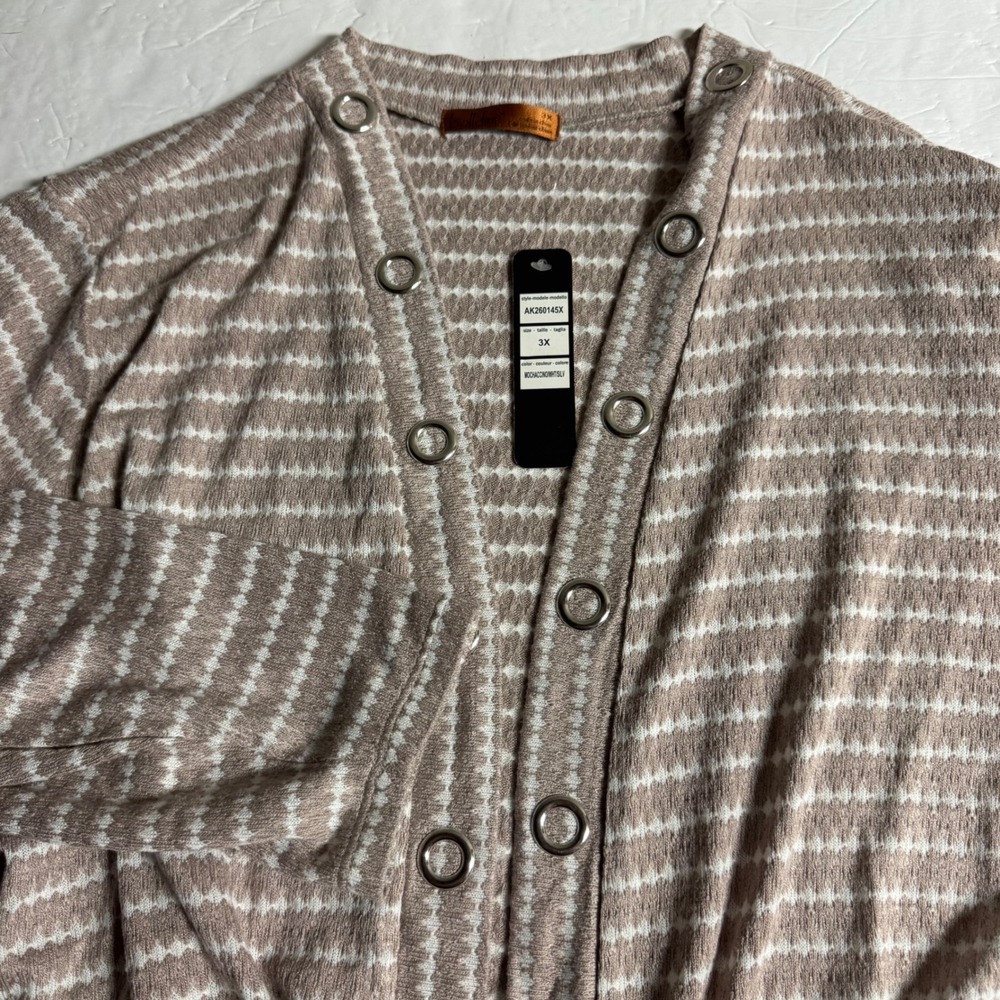 Belldini Womens 3X Mochaccino White Grommet Trim Open Front Cardigan